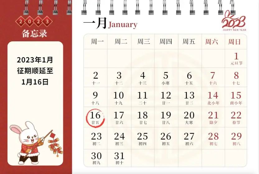2023年1月征期日历出炉！